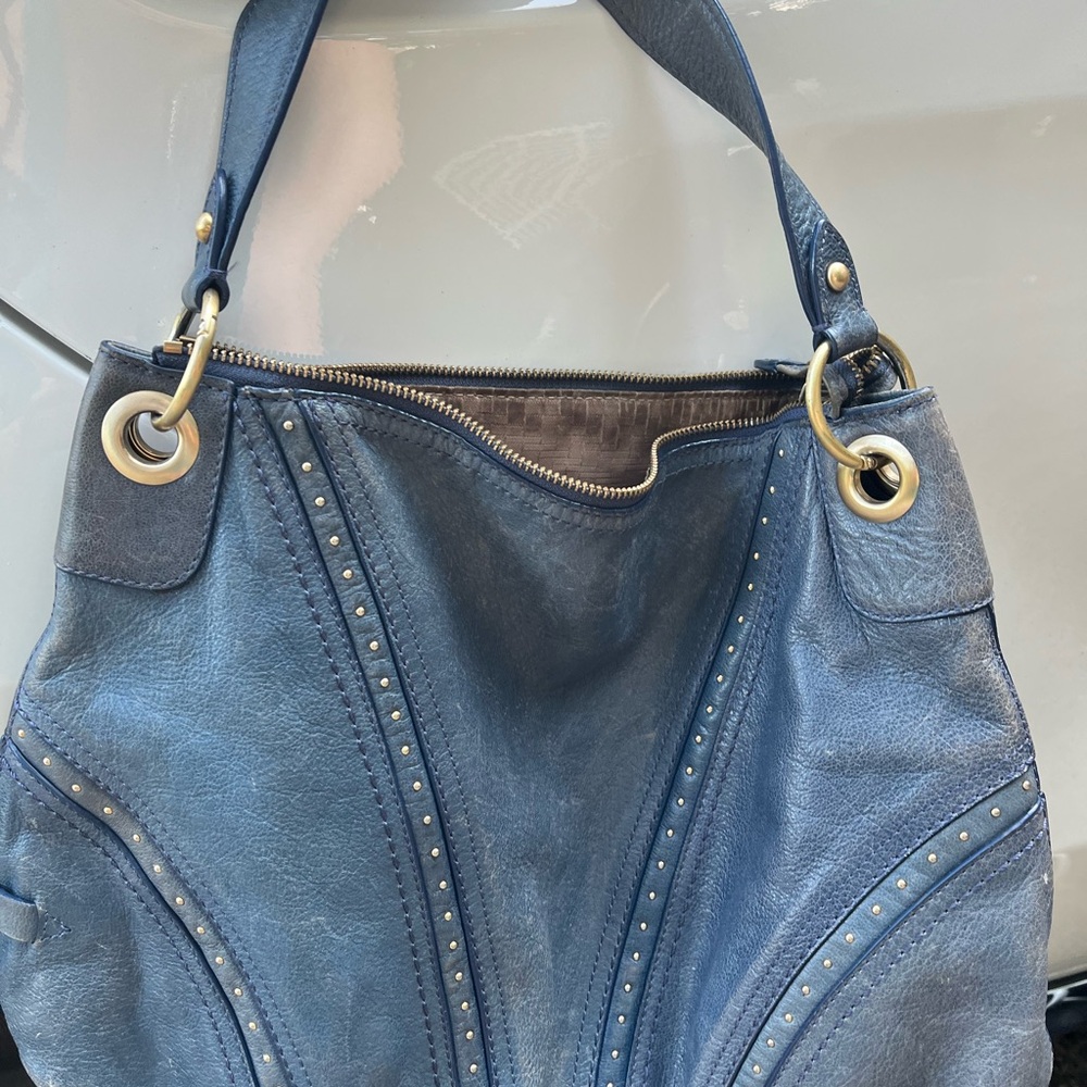 Cole Haan Blue Leather Satchel Handbag Embroidered Stitching Top GoldRing Handle